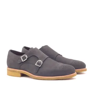 Ambrogio Bespoke Men's Handmade Custom Shoes Gray Suede Leather Monk-Straps Loafers (AMB1383)