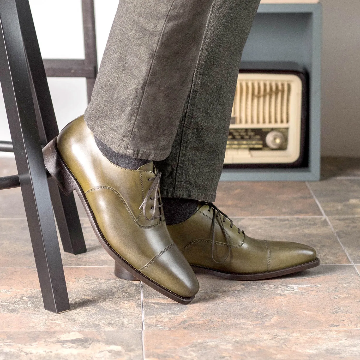 Ambrogio Bespoke Men's Shoes Forest Green Calf-Skin Leather Classic Cap Toe Oxfords (AMB2387)
