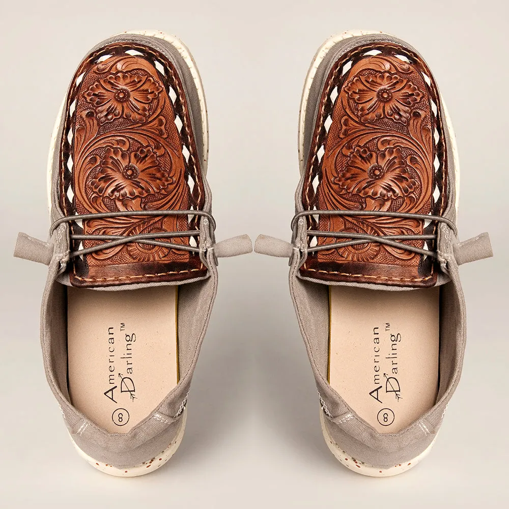 American Darling ADFT133GR4 Hand tooled carved genuine leather trim lightweight shoe footwear slip on