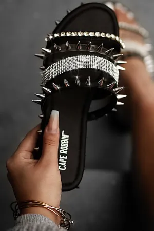 Cape Robbin Xtreme Flat Slide Sandals Rhinestone Black Silver Spiked Mule