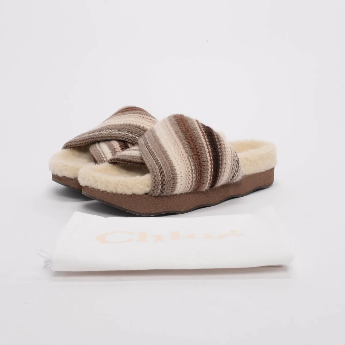 Chloe Brown Shearling Wavy Knit Slides 41
