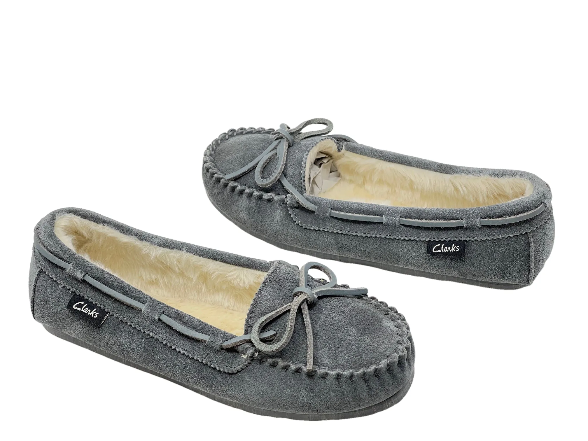 CLARKS Holly Indoor Outdoor Faux Fur Slippers Grey Crme (9, Grey Creme)