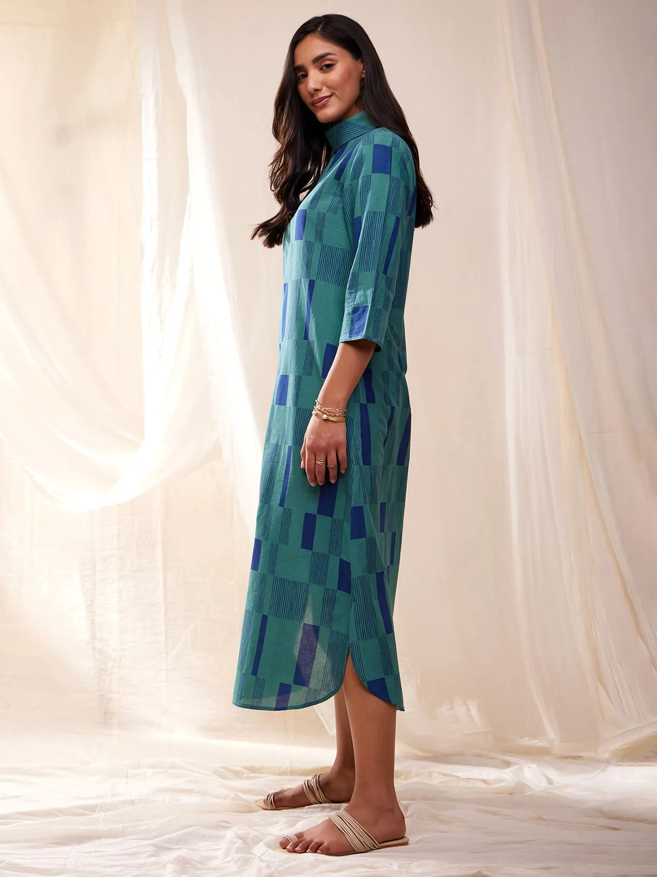 Cotton Check Dress - Teal