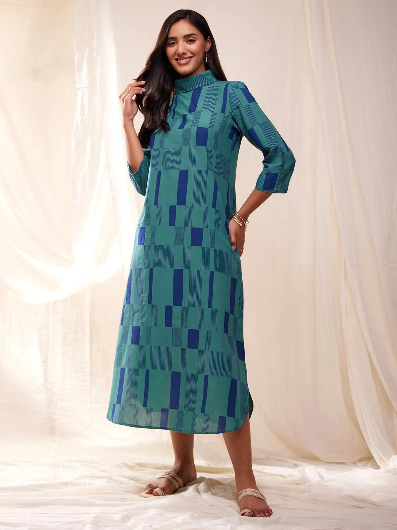 Cotton Check Dress - Teal