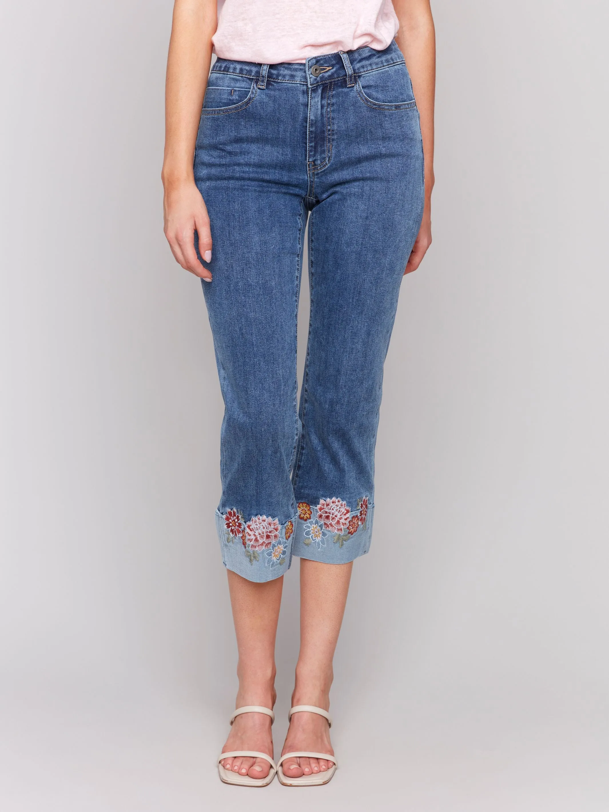 Embroidered Roll Up Cuff Capri Pants - Medium Blue