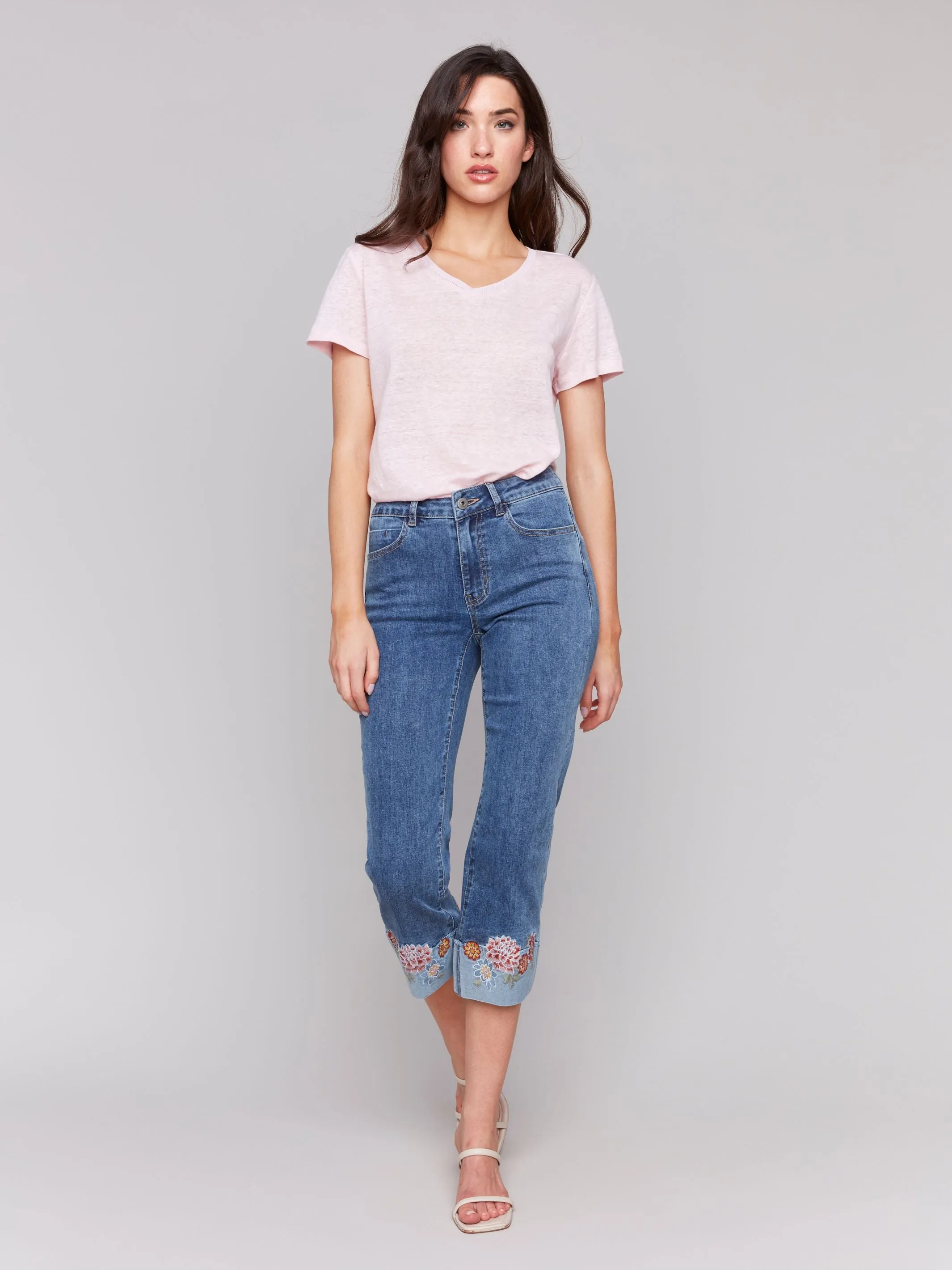 Embroidered Roll Up Cuff Capri Pants - Medium Blue