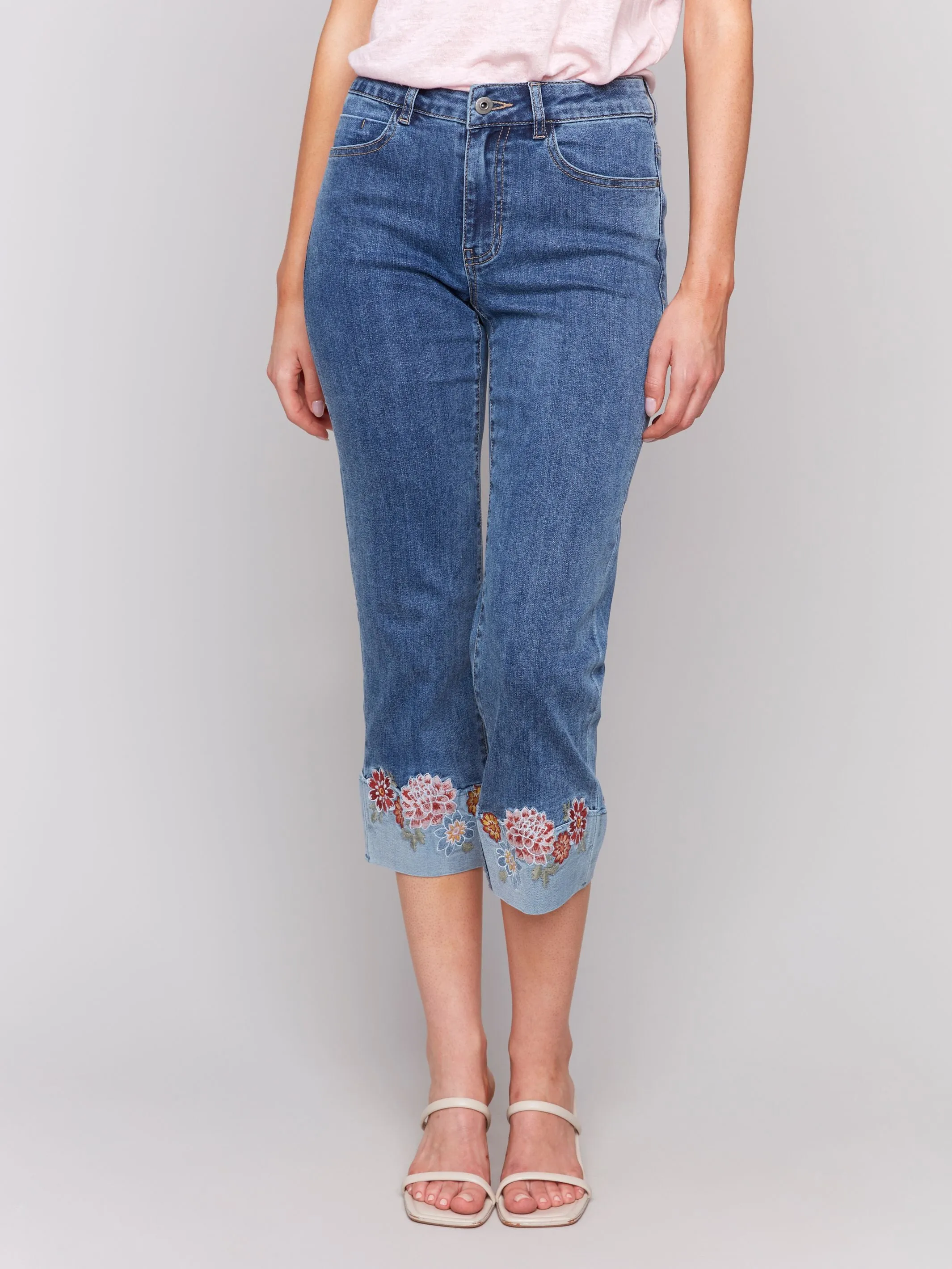 Embroidered Roll Up Cuff Capri Pants - Medium Blue