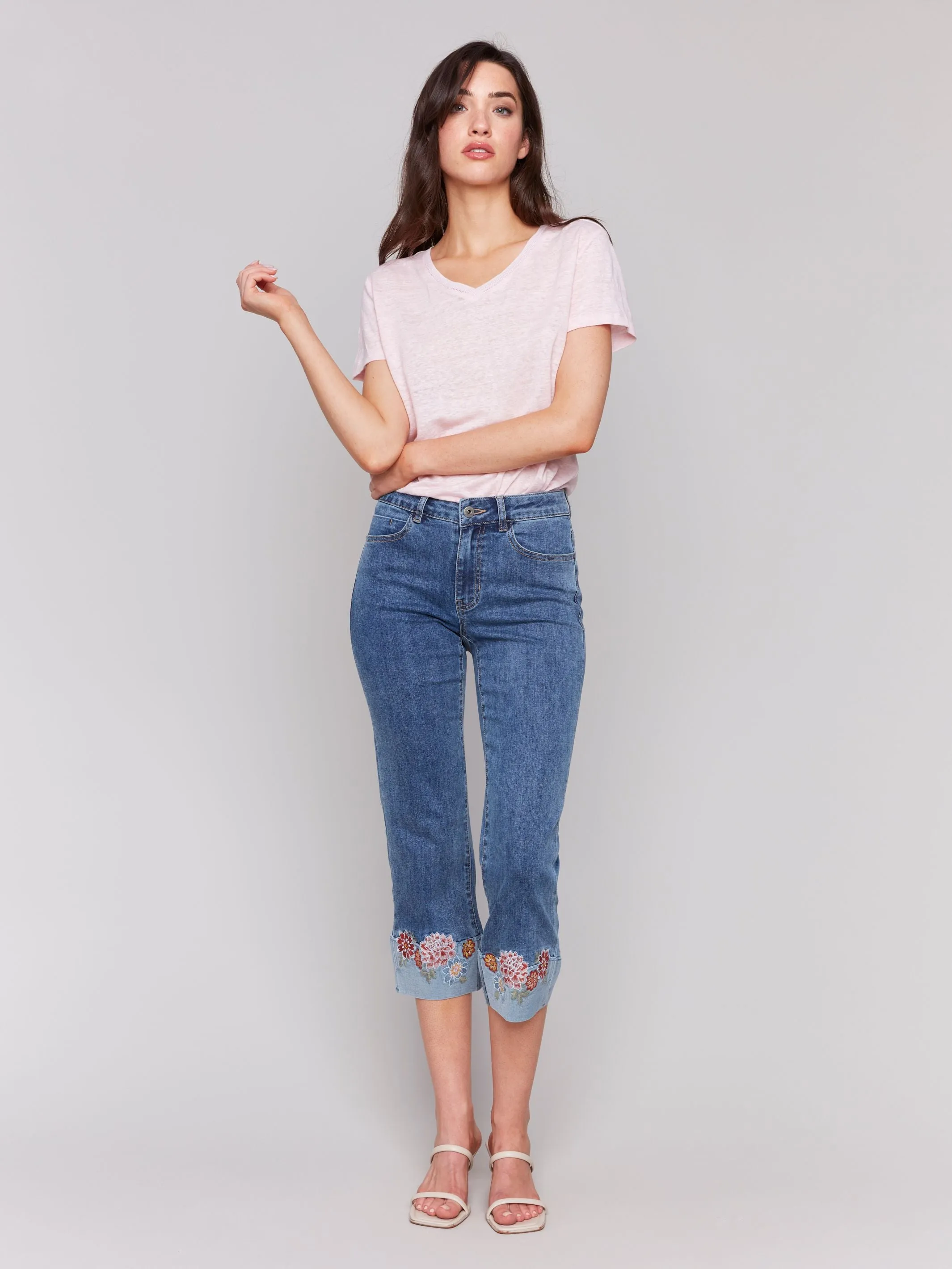 Embroidered Roll Up Cuff Capri Pants - Medium Blue