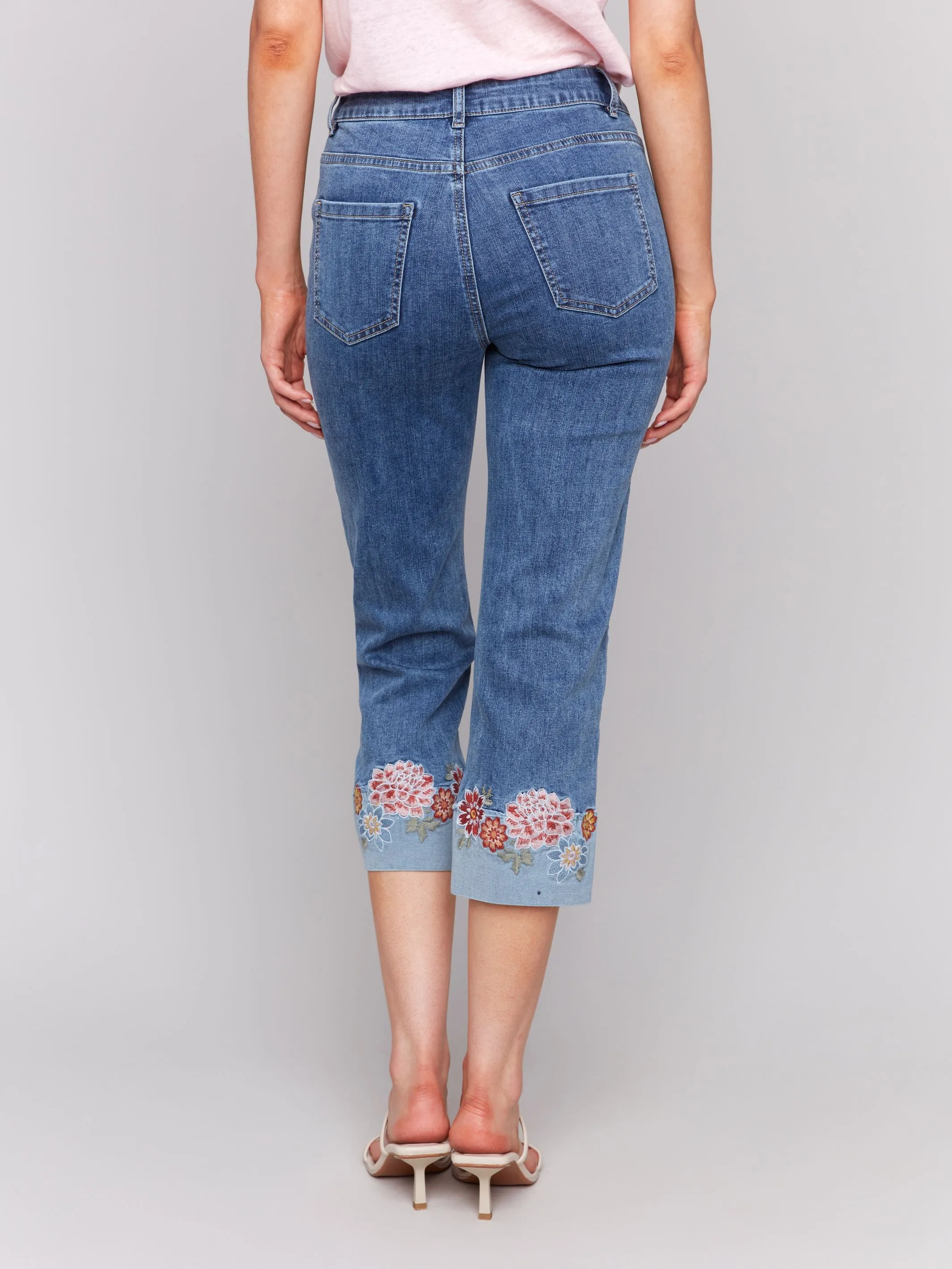 Embroidered Roll Up Cuff Capri Pants - Medium Blue