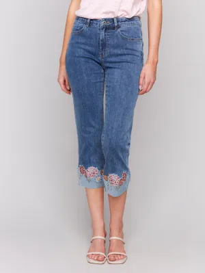 Embroidered Roll Up Cuff Capri Pants - Medium Blue