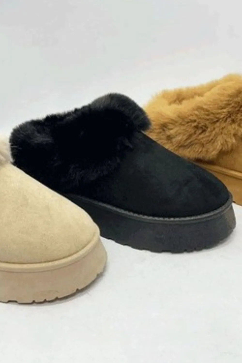Faux-Fur Platform Slip On Booties in Black