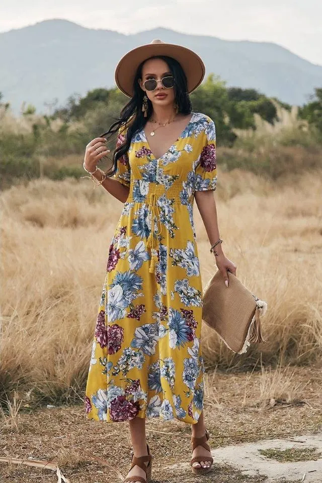 Floral Print Short Sleeve Dress (Yellow)