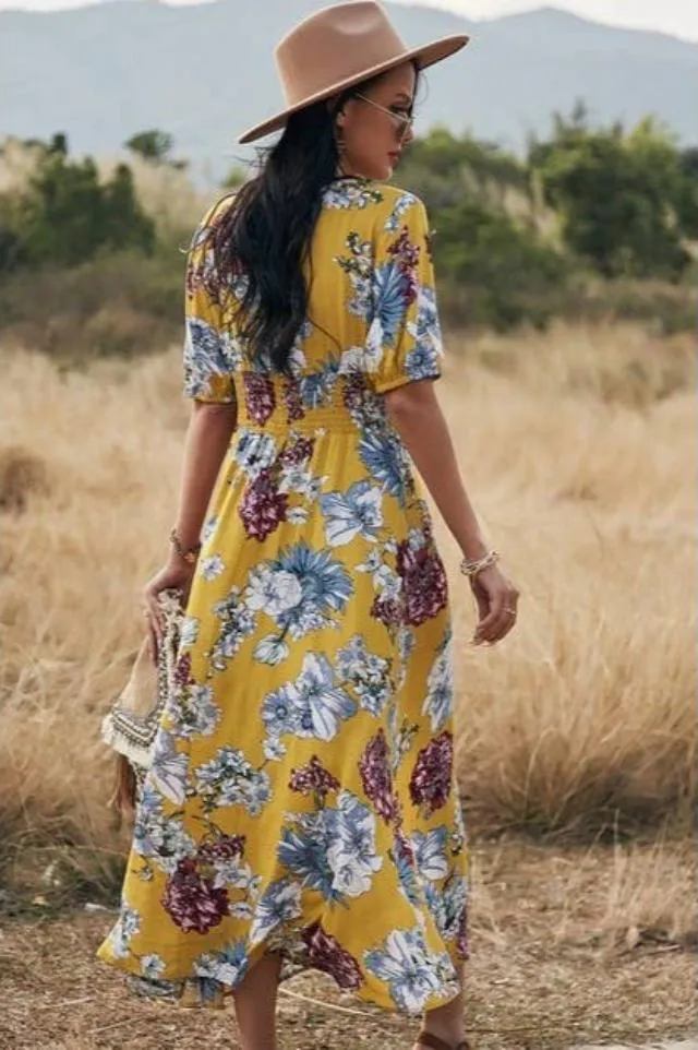 Floral Print Short Sleeve Dress (Yellow)