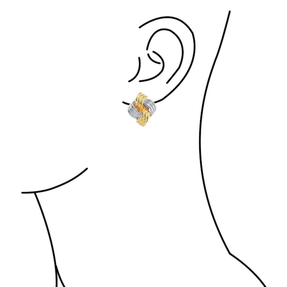 Geometric Square Two Tone Rope Cable Love Knot Clip On Earrings Gold Plated