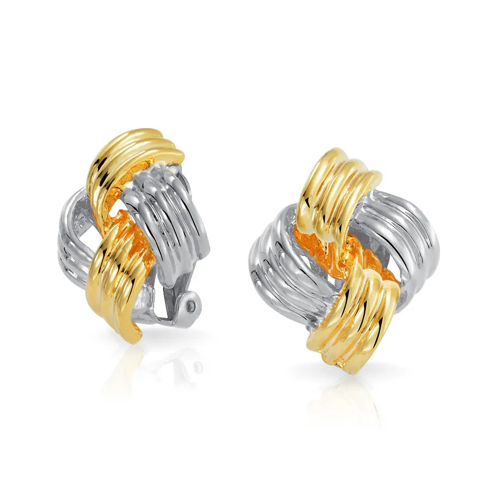 Geometric Square Two Tone Rope Cable Love Knot Clip On Earrings Gold Plated