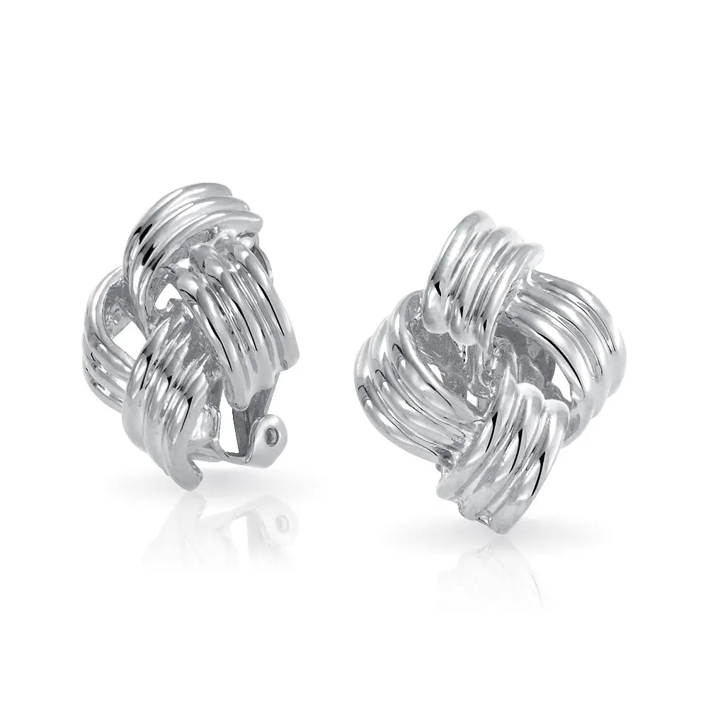 Geometric Square Two Tone Rope Cable Love Knot Clip On Earrings Gold Plated