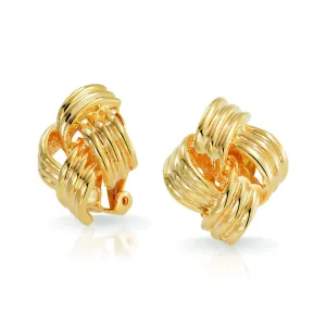Geometric Square Two Tone Rope Cable Love Knot Clip On Earrings Gold Plated