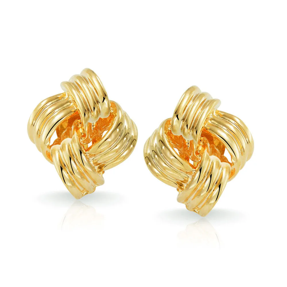 Geometric Square Two Tone Rope Cable Love Knot Clip On Earrings Gold Plated