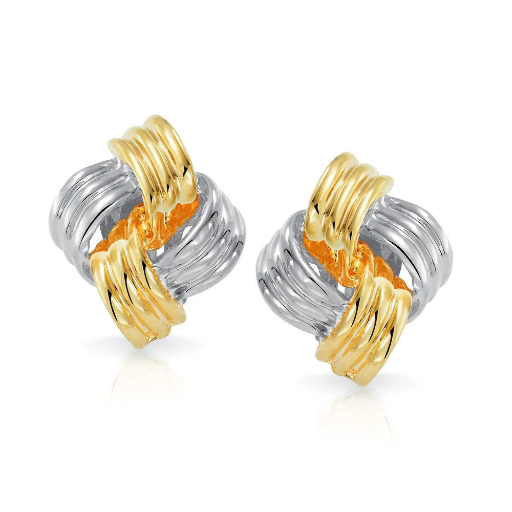 Geometric Square Two Tone Rope Cable Love Knot Clip On Earrings Gold Plated