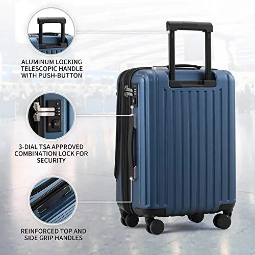 LEVEL8 Carry-On Luggage, Hardside Suitcase, 20” Lightweight ABS PC Hardshell Spinner Trolley for Luggage with Built-In TSA Lock, 8 Spinner Wheels, Blue, 20-Inch Carry-On