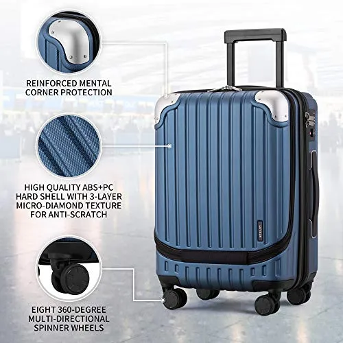 LEVEL8 Carry-On Luggage, Hardside Suitcase, 20” Lightweight ABS PC Hardshell Spinner Trolley for Luggage with Built-In TSA Lock, 8 Spinner Wheels, Blue, 20-Inch Carry-On