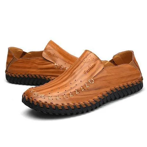 Men Hole Breathable Hand Stitching Soft Flat Slip On Casual Leather Loafers