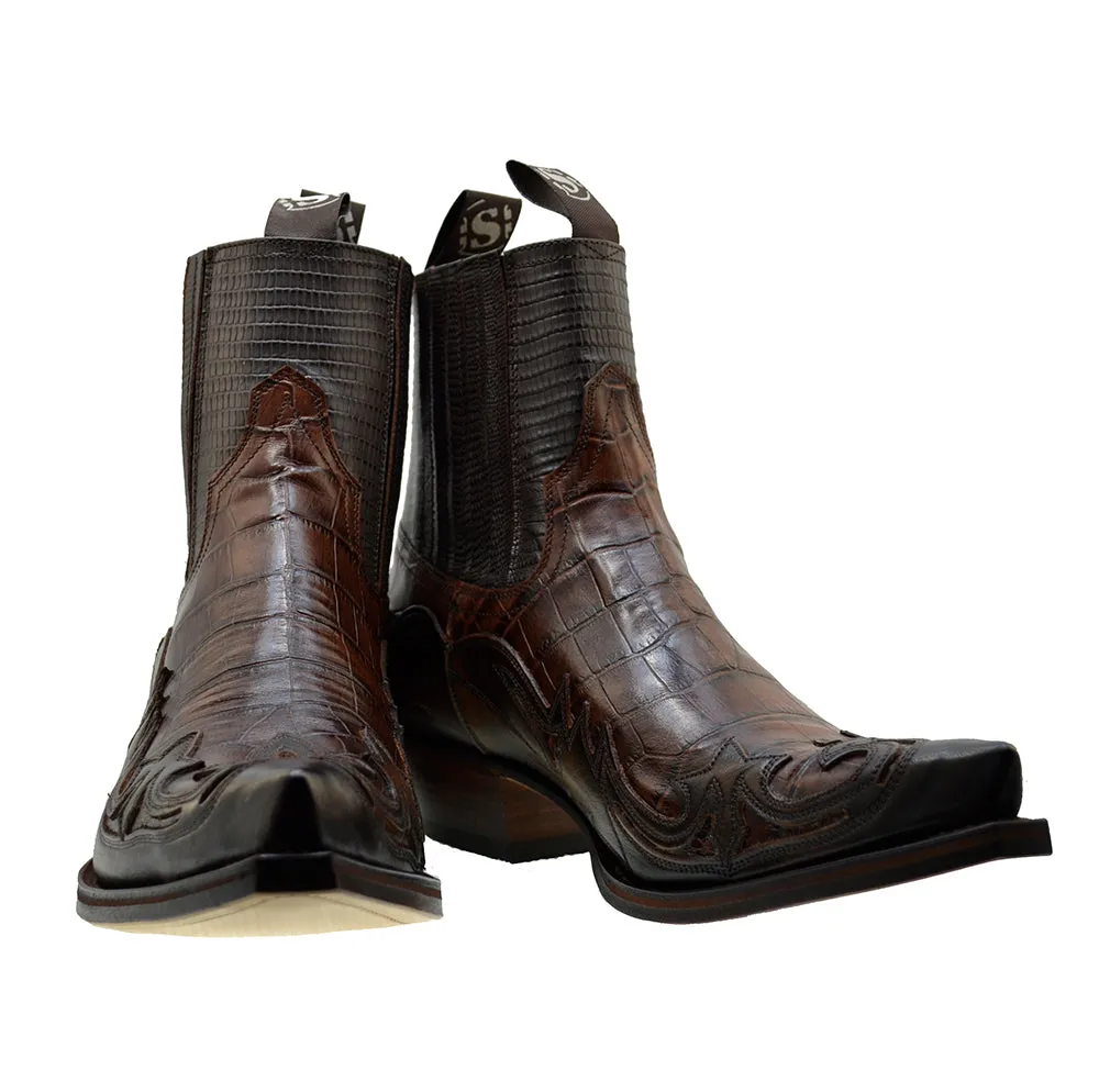 Men's Cowboy Boots Sendra 4660CR Brown Print Crocodile Leather Cuban Heel