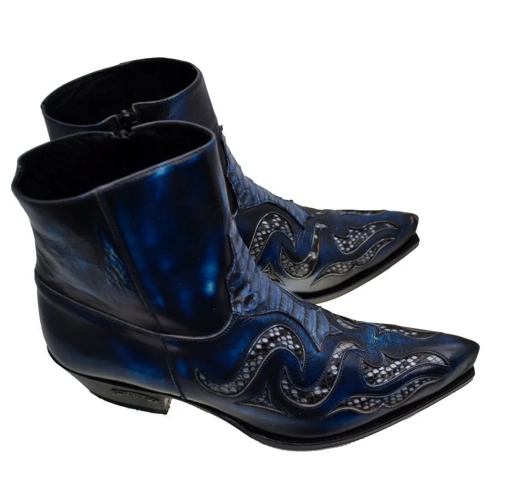 Men's Cowboy Boots Sendra 7482P Blue Leather Python Skin Cuban Heel