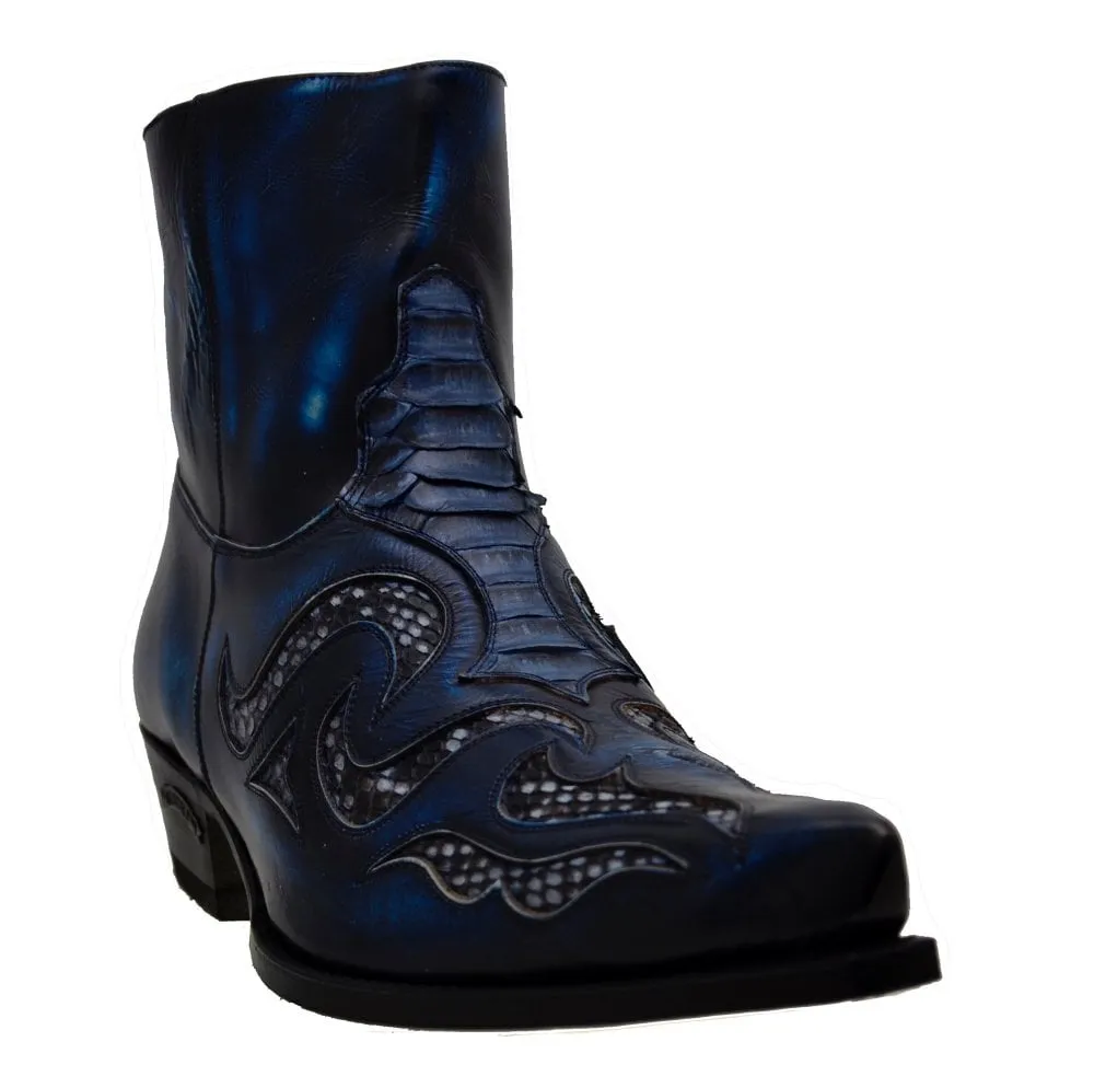 Men's Cowboy Boots Sendra 7482P Blue Leather Python Skin Cuban Heel