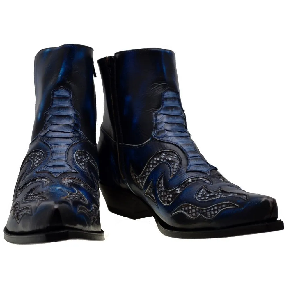 Men's Cowboy Boots Sendra 7482P Blue Leather Python Skin Cuban Heel