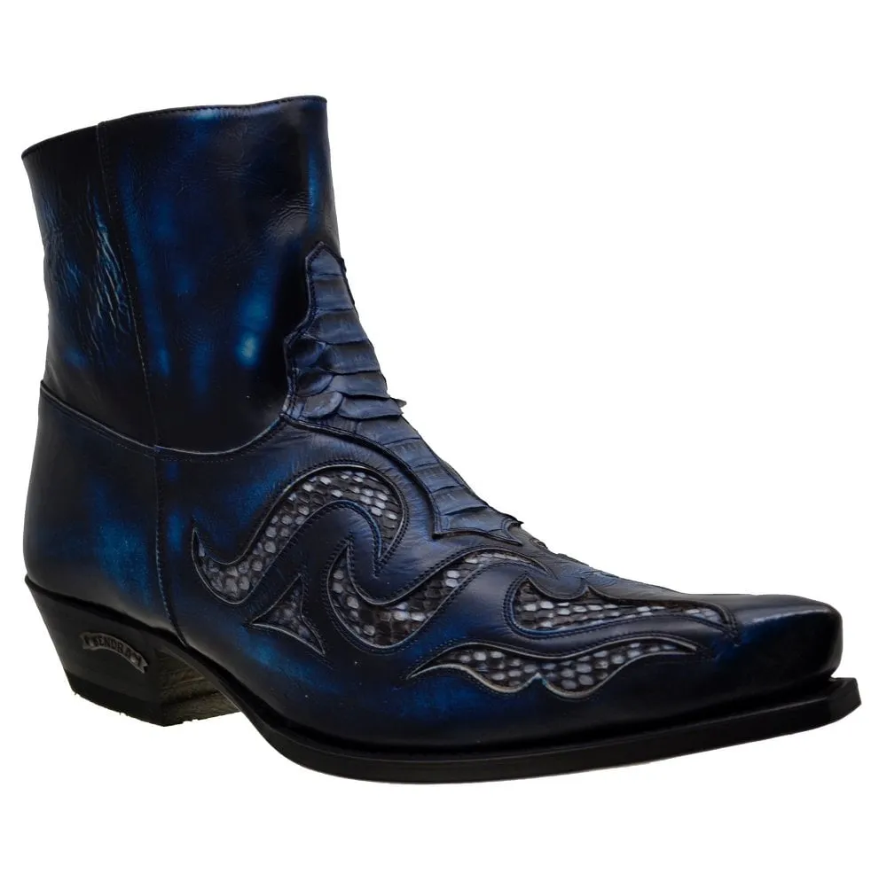 Men's Cowboy Boots Sendra 7482P Blue Leather Python Skin Cuban Heel