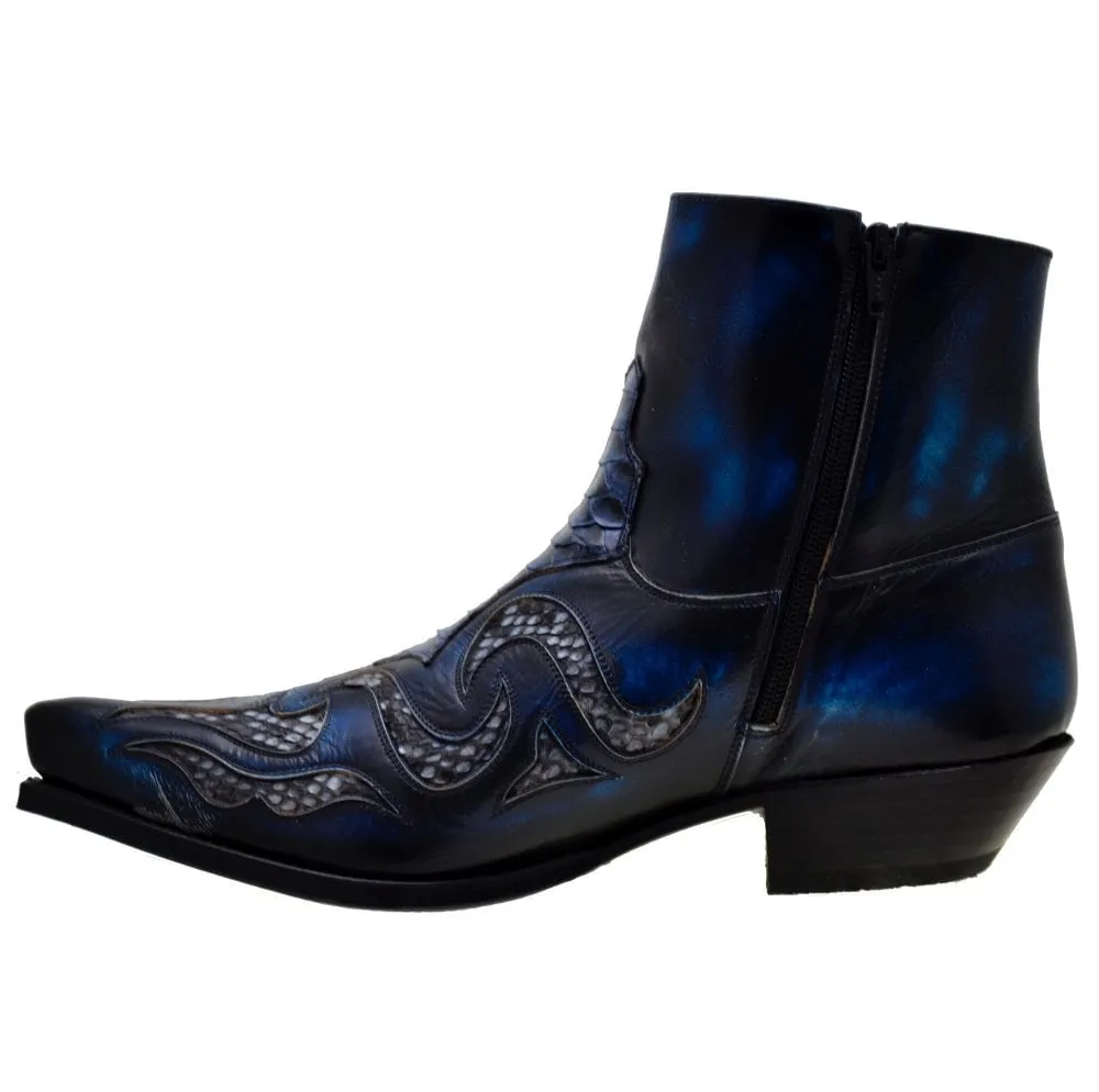 Men's Cowboy Boots Sendra 7482P Blue Leather Python Skin Cuban Heel