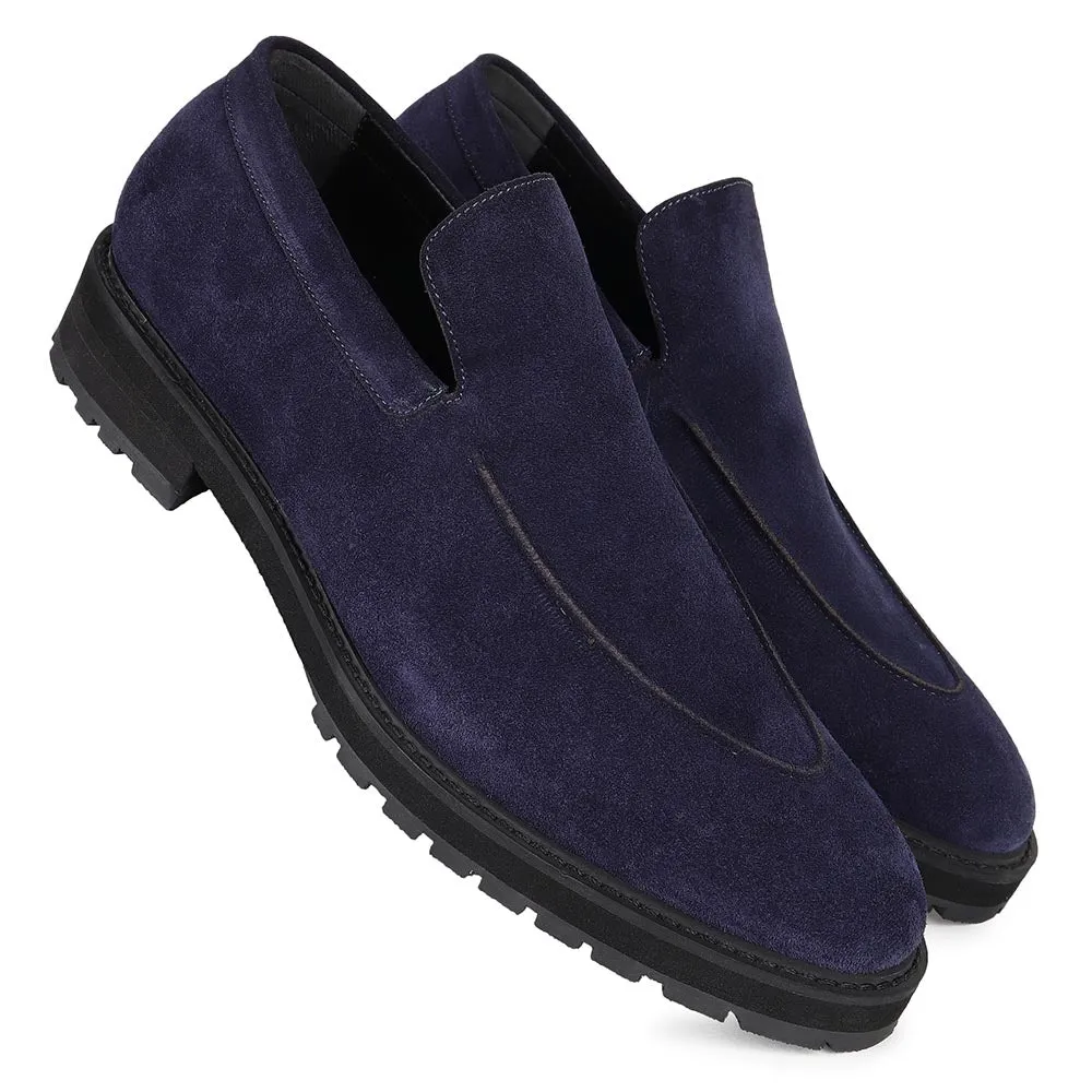 Navy Blue Suede Extralight Slipon Loafers With Cordstitch