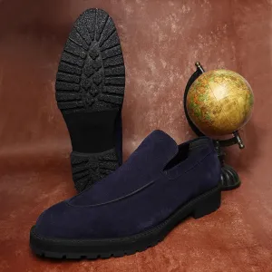 Navy Blue Suede Extralight Slipon Loafers With Cordstitch