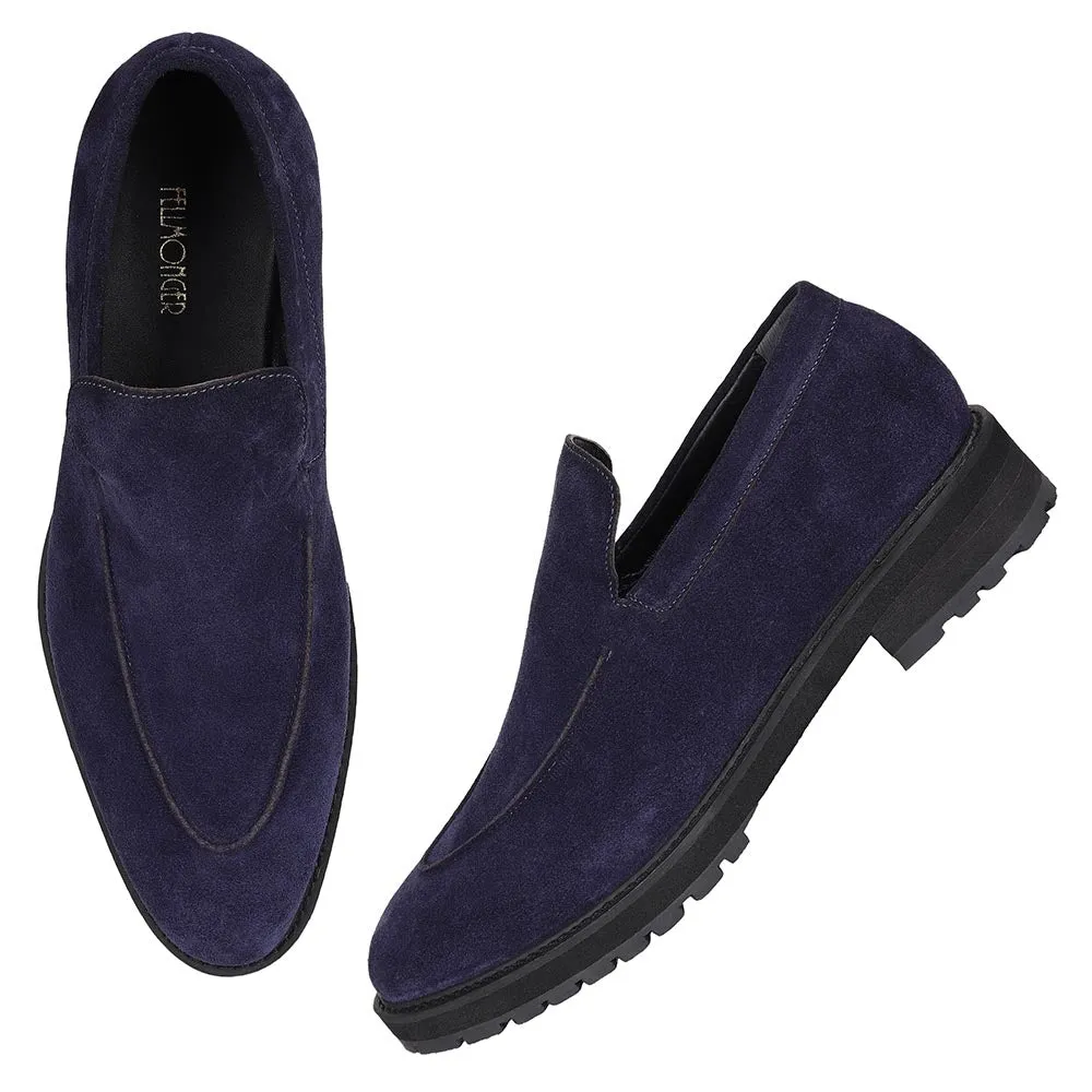 Navy Blue Suede Extralight Slipon Loafers With Cordstitch