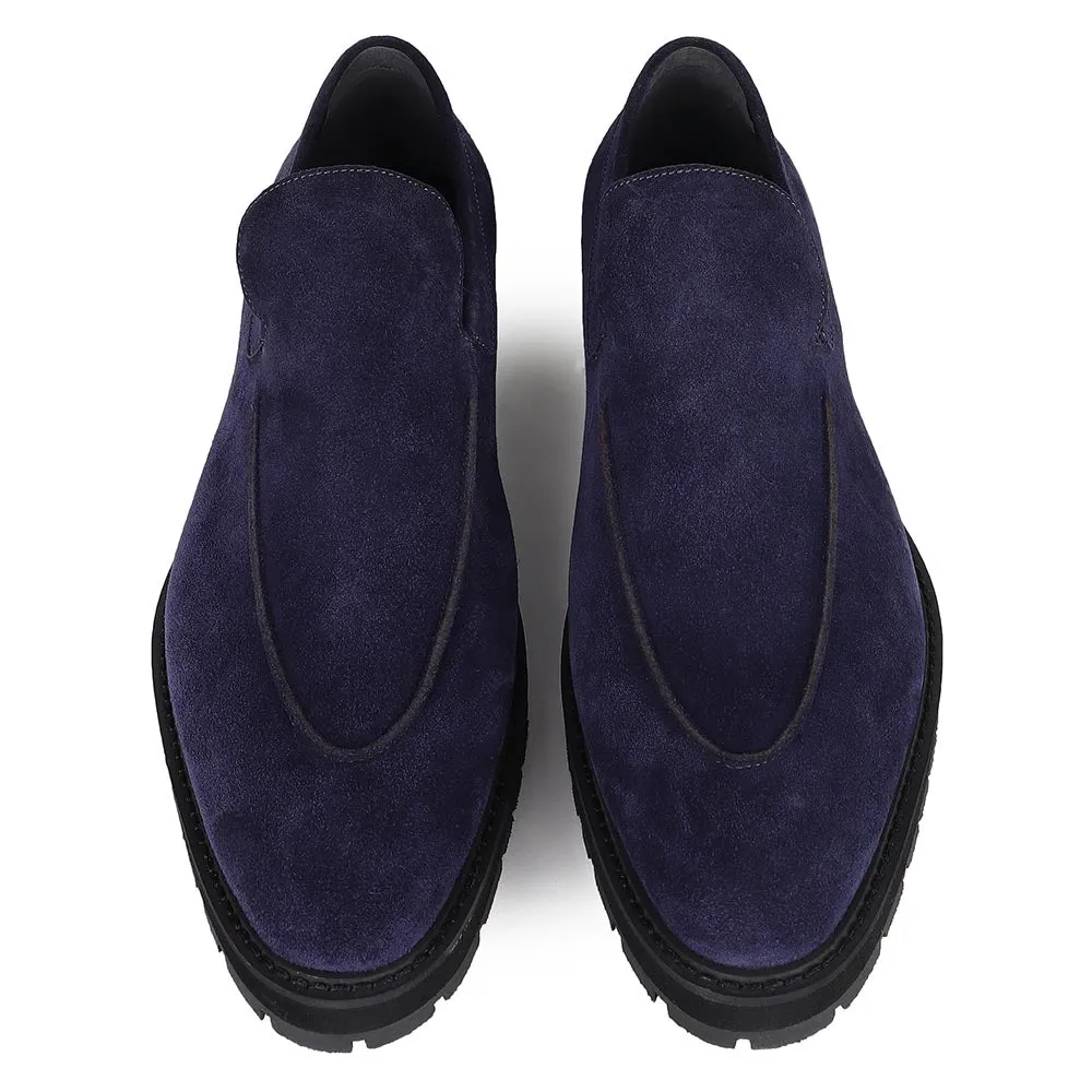 Navy Blue Suede Extralight Slipon Loafers With Cordstitch