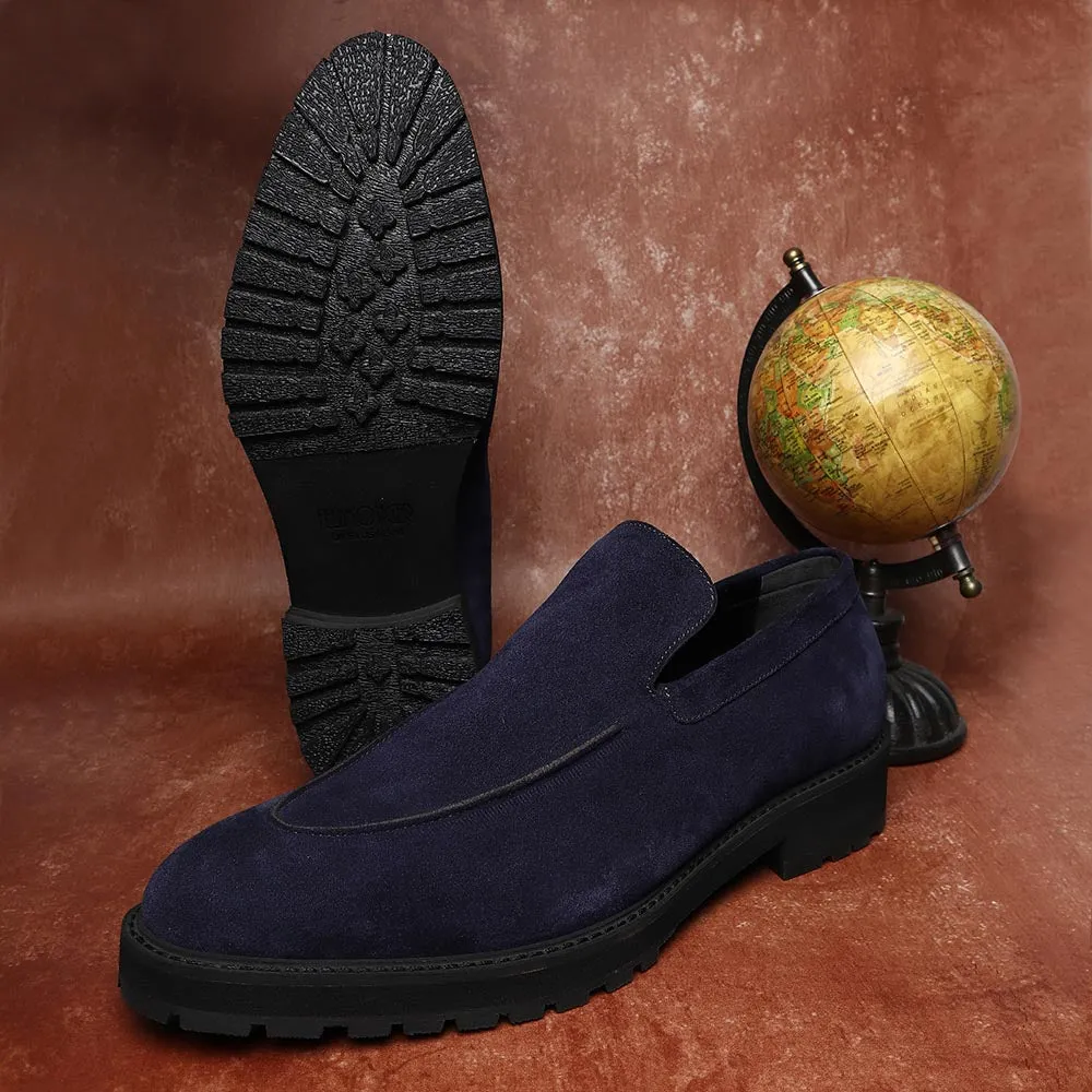 Navy Blue Suede Extralight Slipon Loafers With Cordstitch