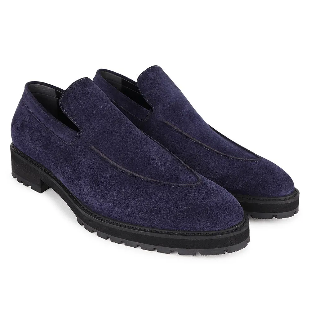 Navy Blue Suede Extralight Slipon Loafers With Cordstitch