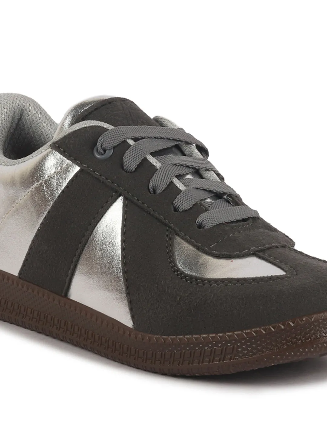 Women Dark Grey Embellished Classic Lace-Up Casual Shoes|Memory Cushioned Comfortable Sneakers